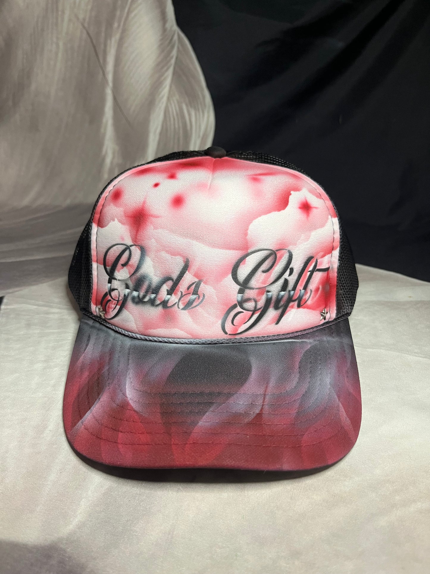 Red “Gods Gift” Airbrushed 5 panel SnapBack Trucker Hat
