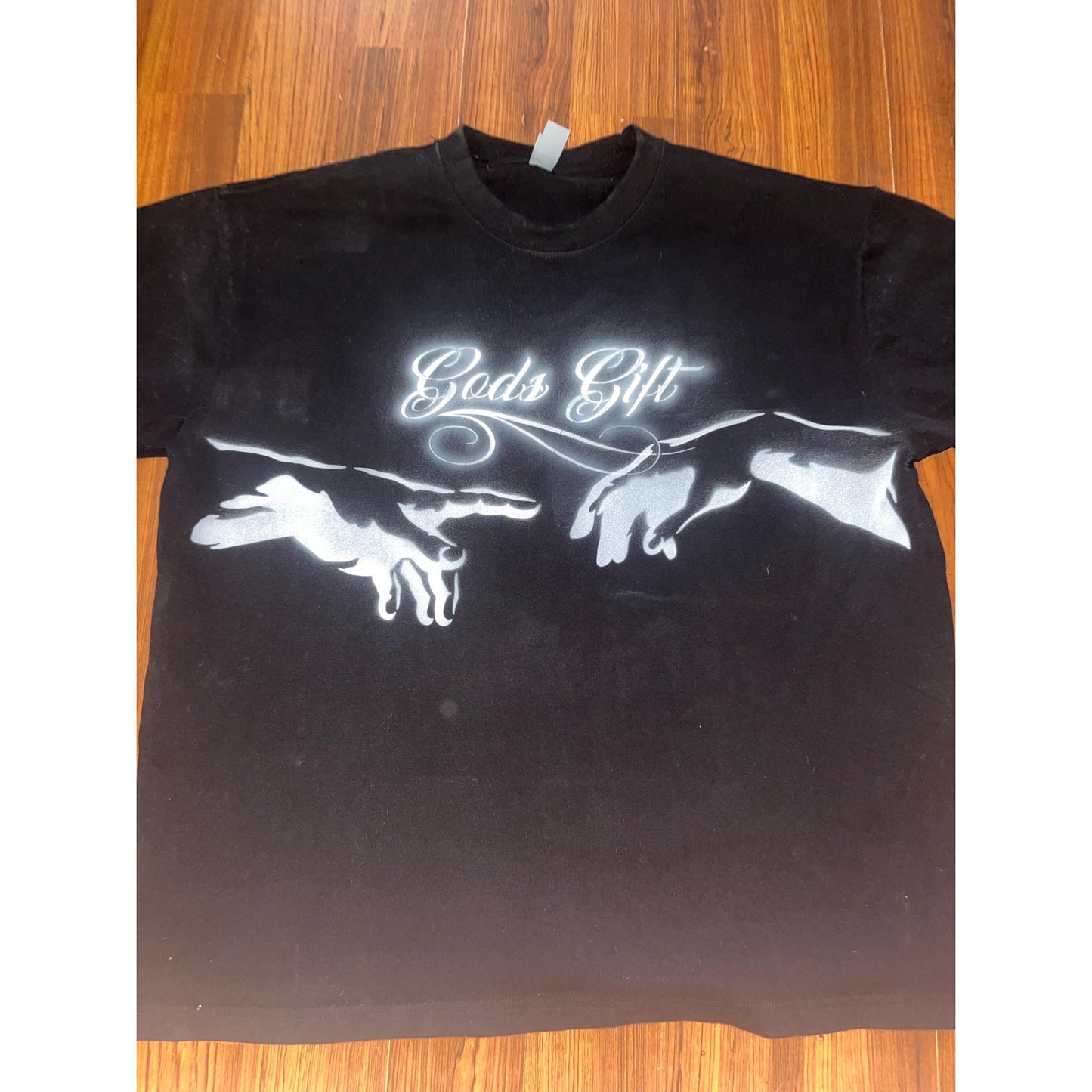 Heavy cotton All black “Made of Blessings” Hands of God T shirt. Handpainted Airbrushed with fabric paint. Safe to wash