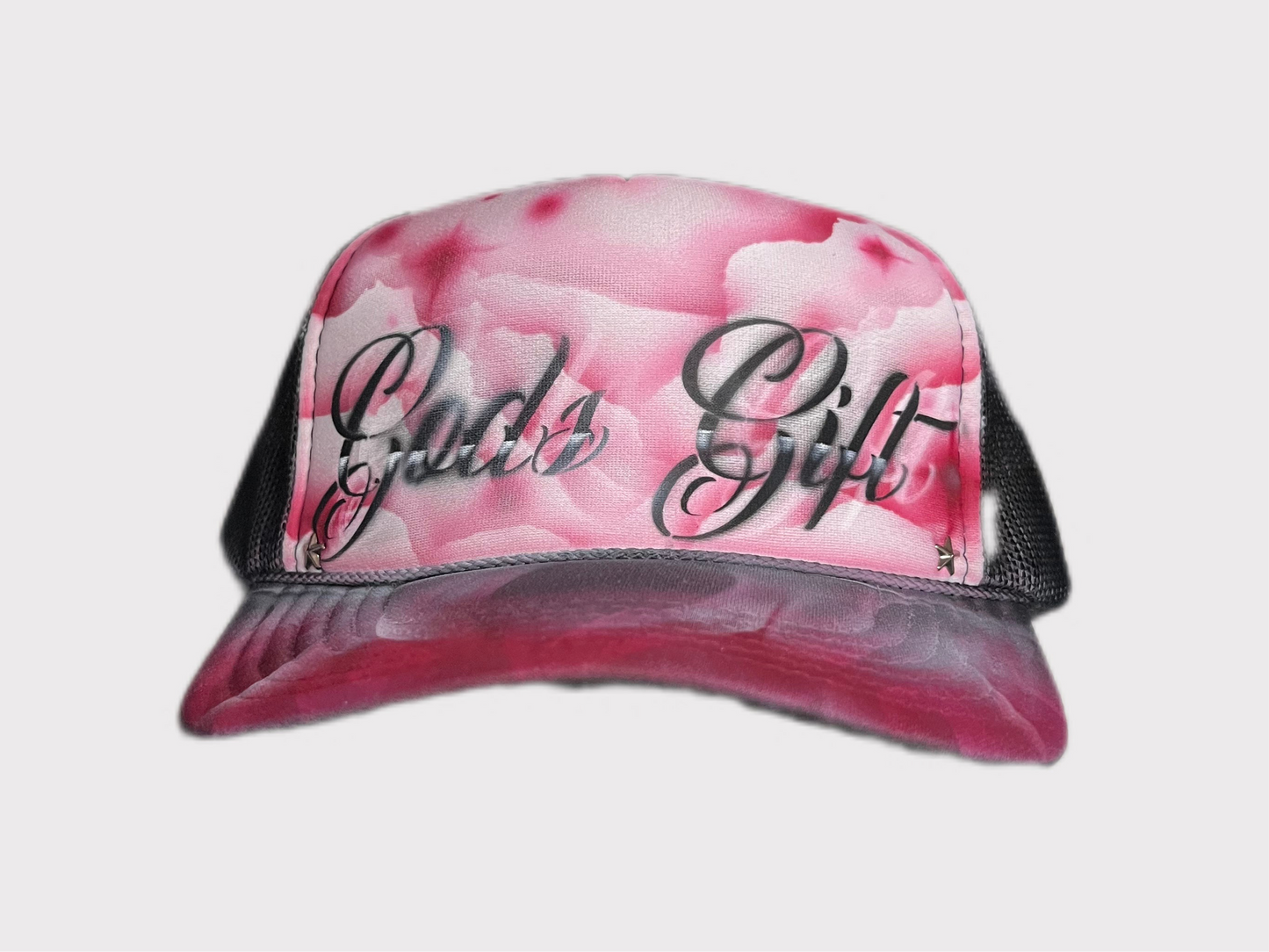 Red “Gods Gift” Airbrushed 5 panel SnapBack Trucker Hat
