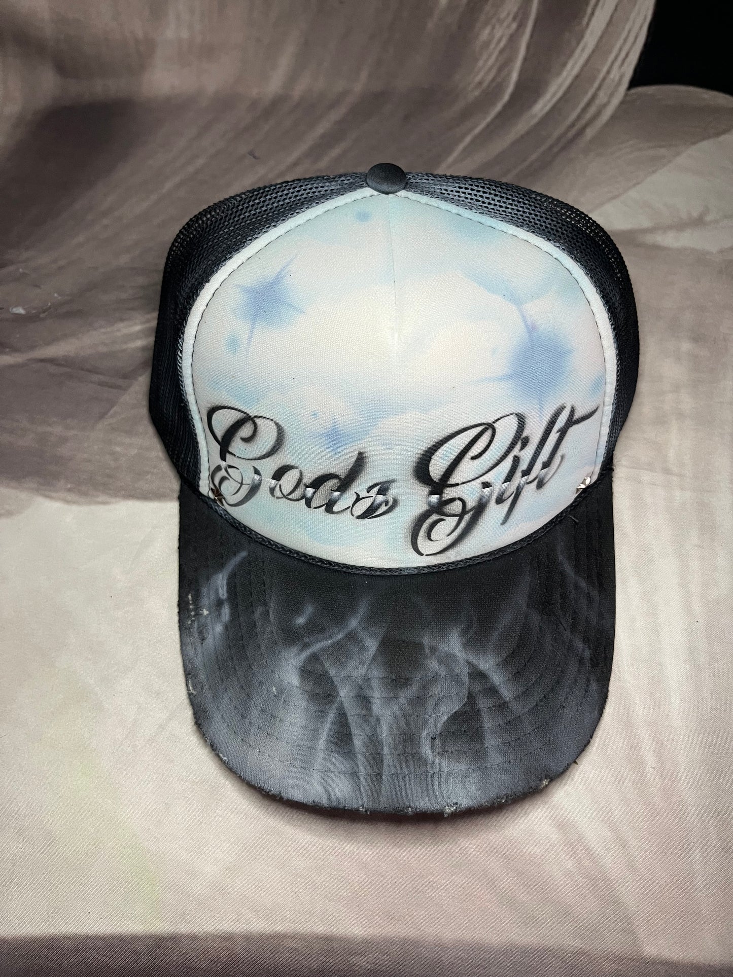 Sky Blue “Gods Gift”Airbrushed 5 panel SnapBack Trucker Hat