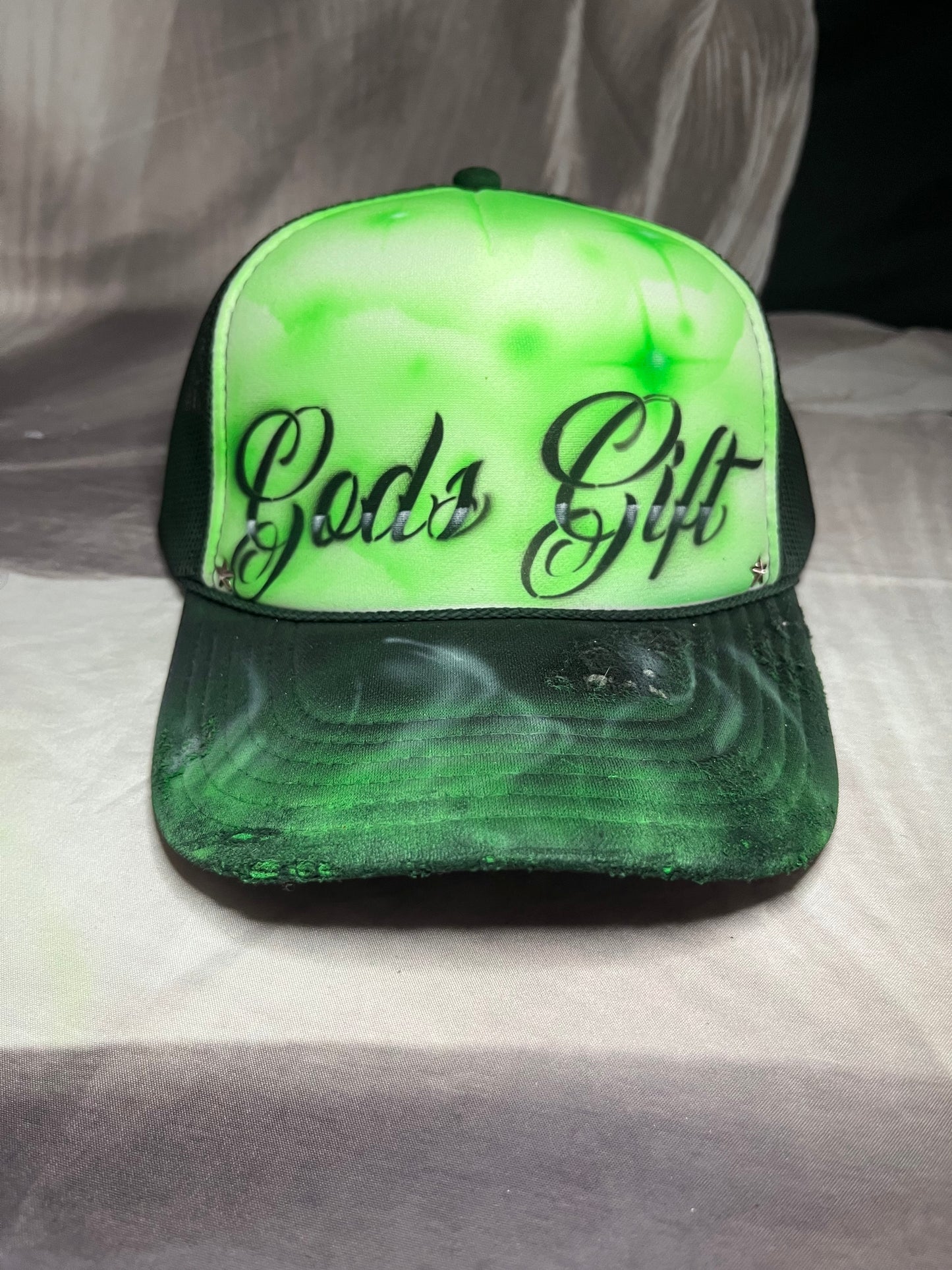 Neon Green “Gods Gift” Airbrushed 5 panel SnapBack Trucker Hat