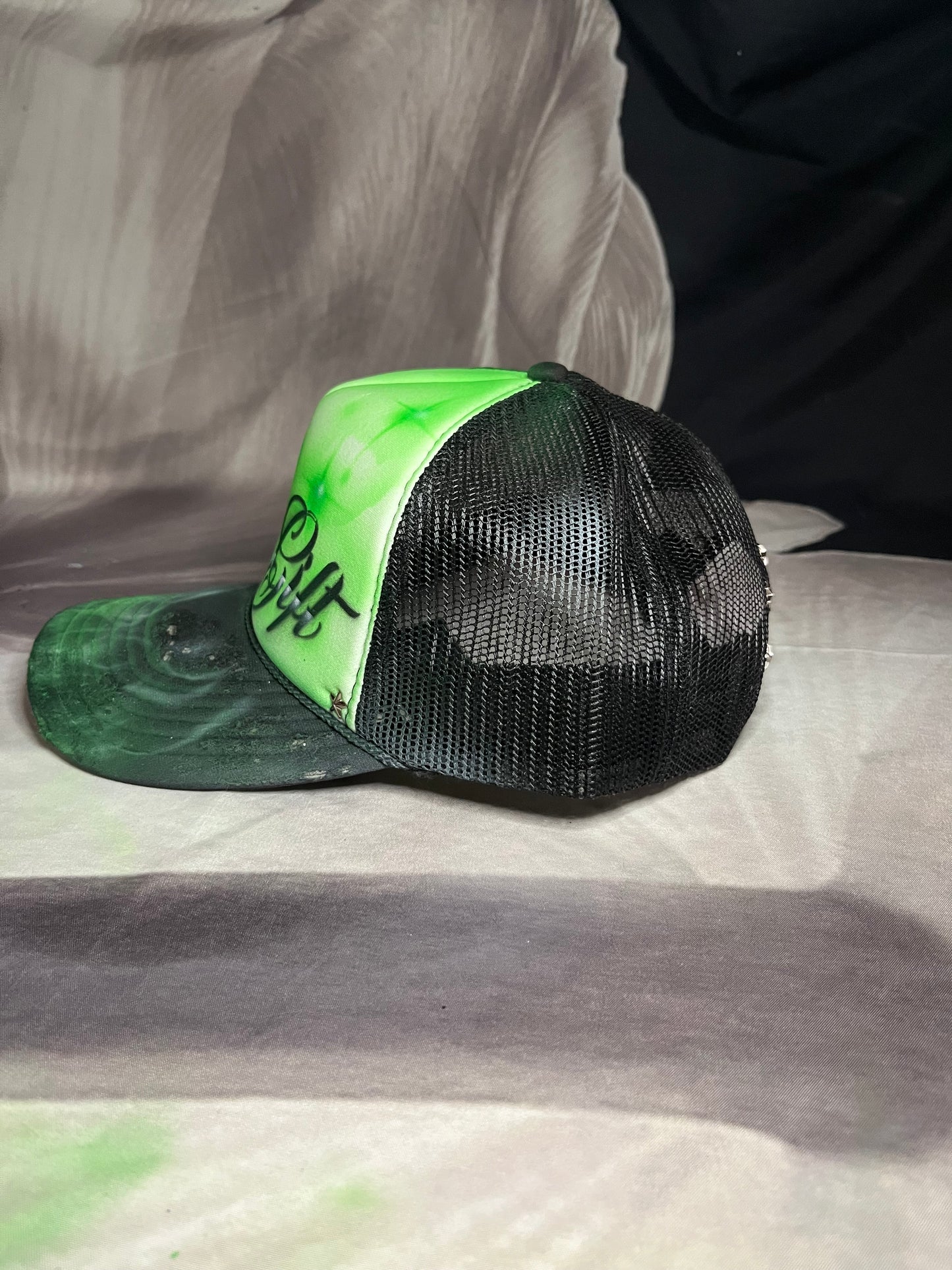 Neon Green “Gods Gift” Airbrushed 5 panel SnapBack Trucker Hat