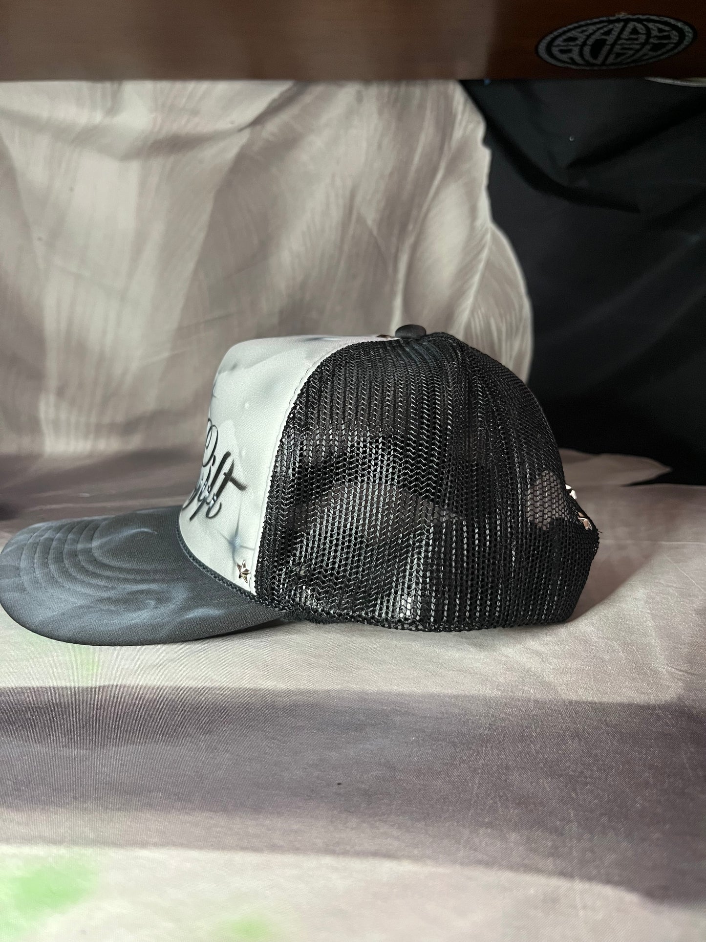 Smokey Grey “Gods Gift” Airbrushed 5 panel SnapBack Trucker Hat