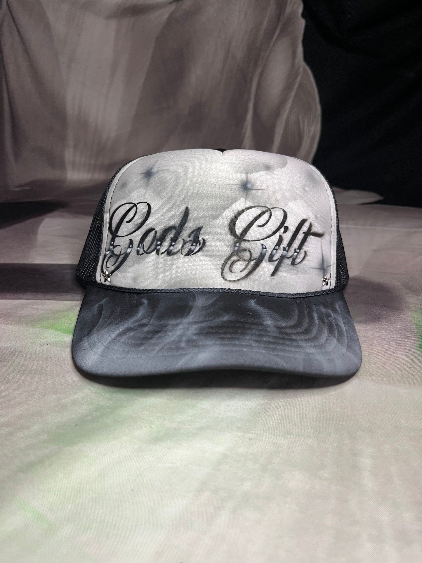 Smokey Grey “Gods Gift” Airbrushed 5 panel SnapBack Trucker Hat