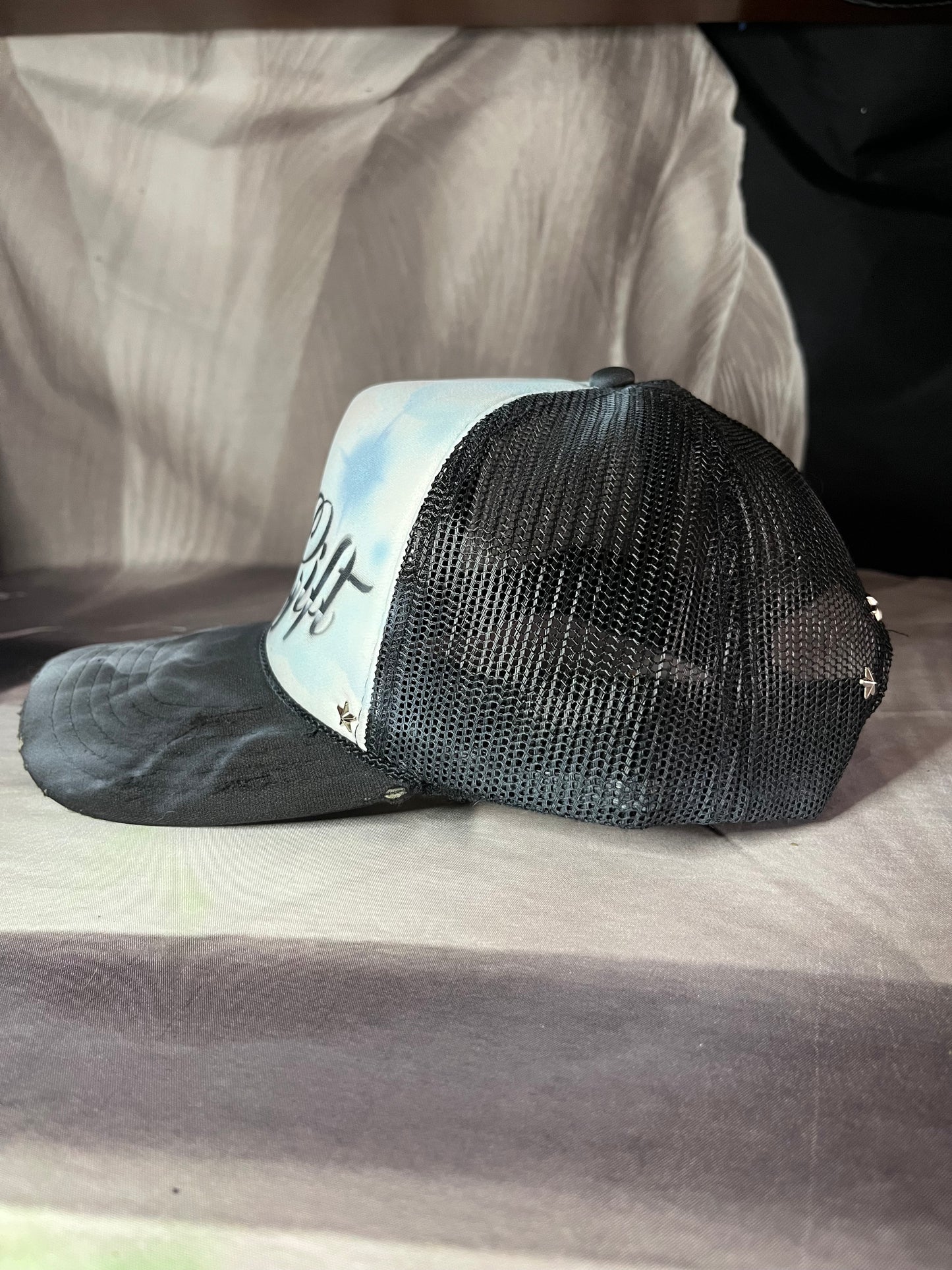 Sky Blue “Gods Gift”Airbrushed 5 panel SnapBack Trucker Hat