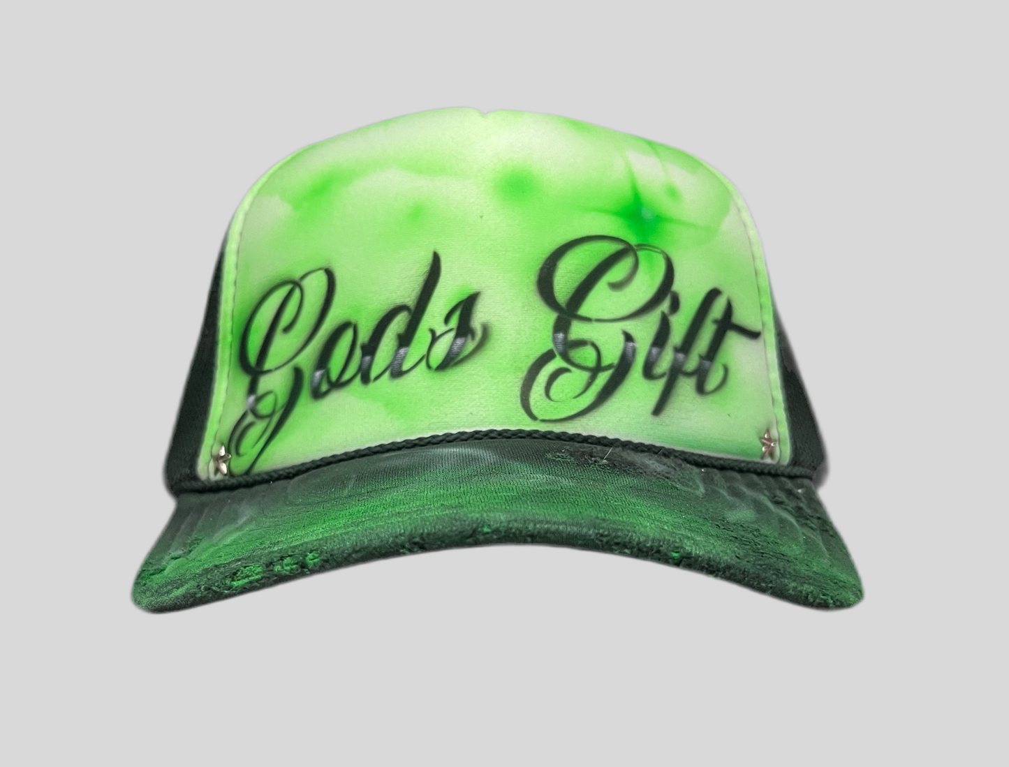 Neon Green “Gods Gift” Airbrushed 5 panel SnapBack Trucker Hat