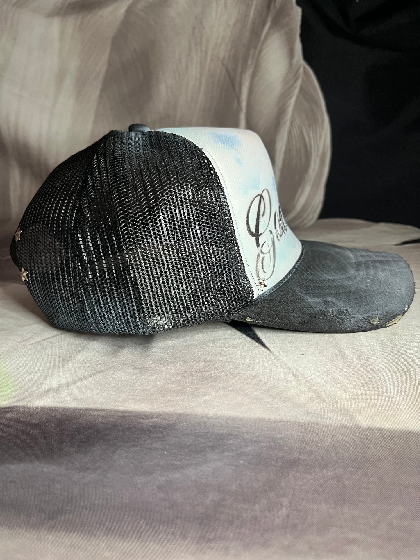 Sky Blue “Gods Gift”Airbrushed 5 panel SnapBack Trucker Hat