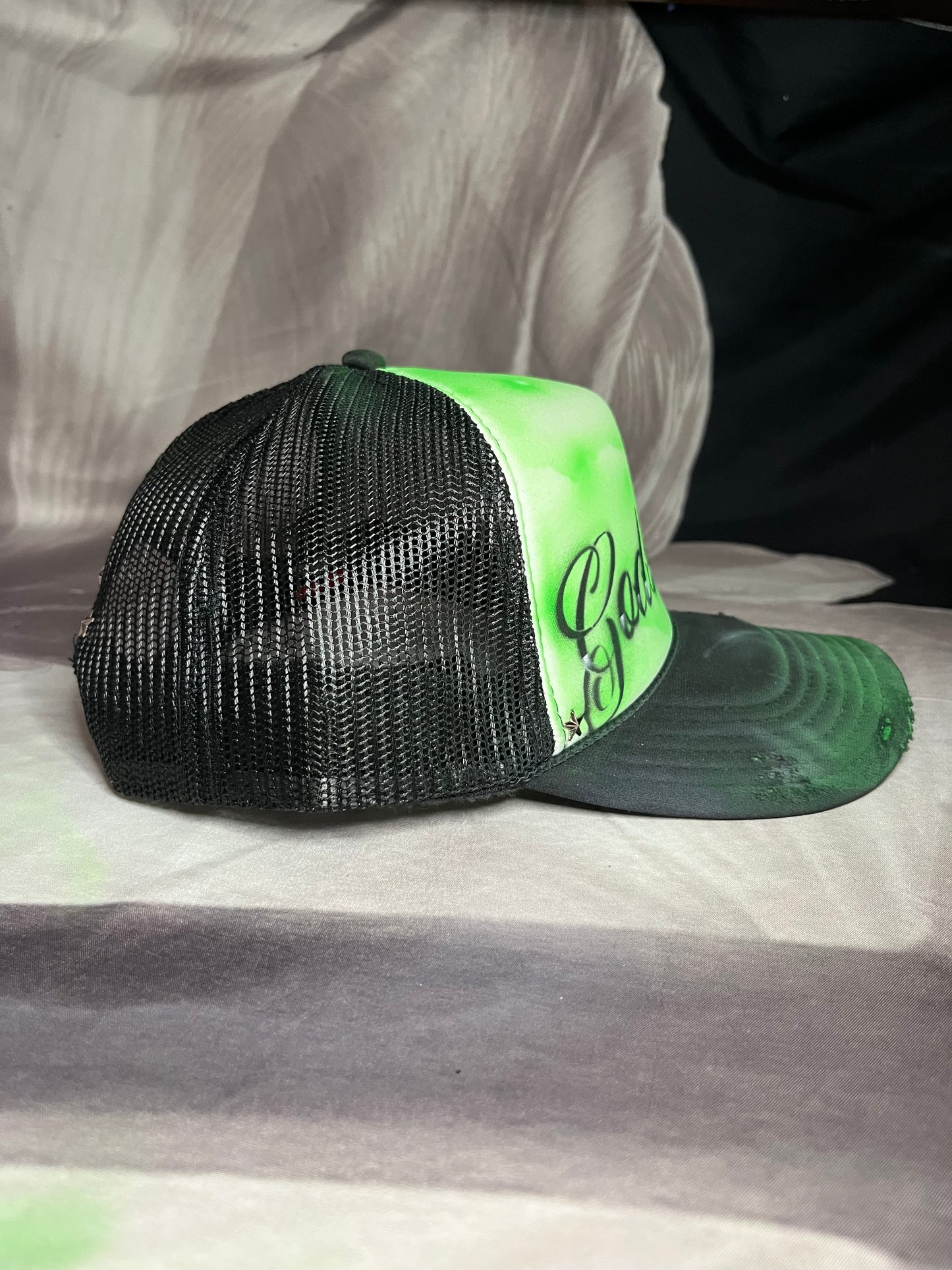 Neon Green “Gods Gift” Airbrushed 5 panel SnapBack Trucker Hat
