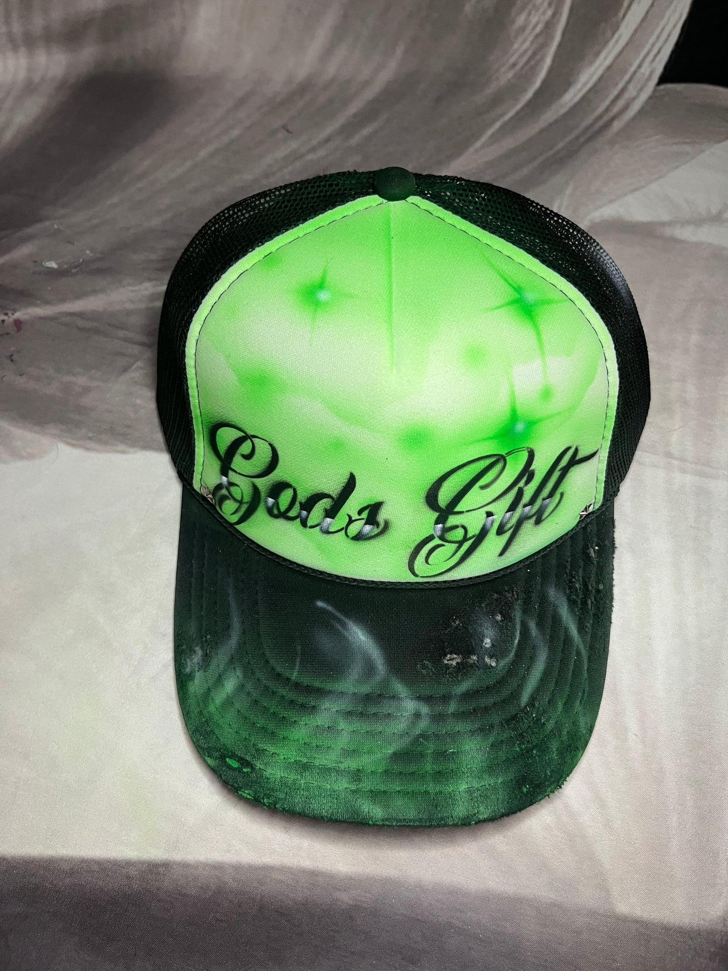 Neon Green “Gods Gift” Airbrushed 5 panel SnapBack Trucker Hat