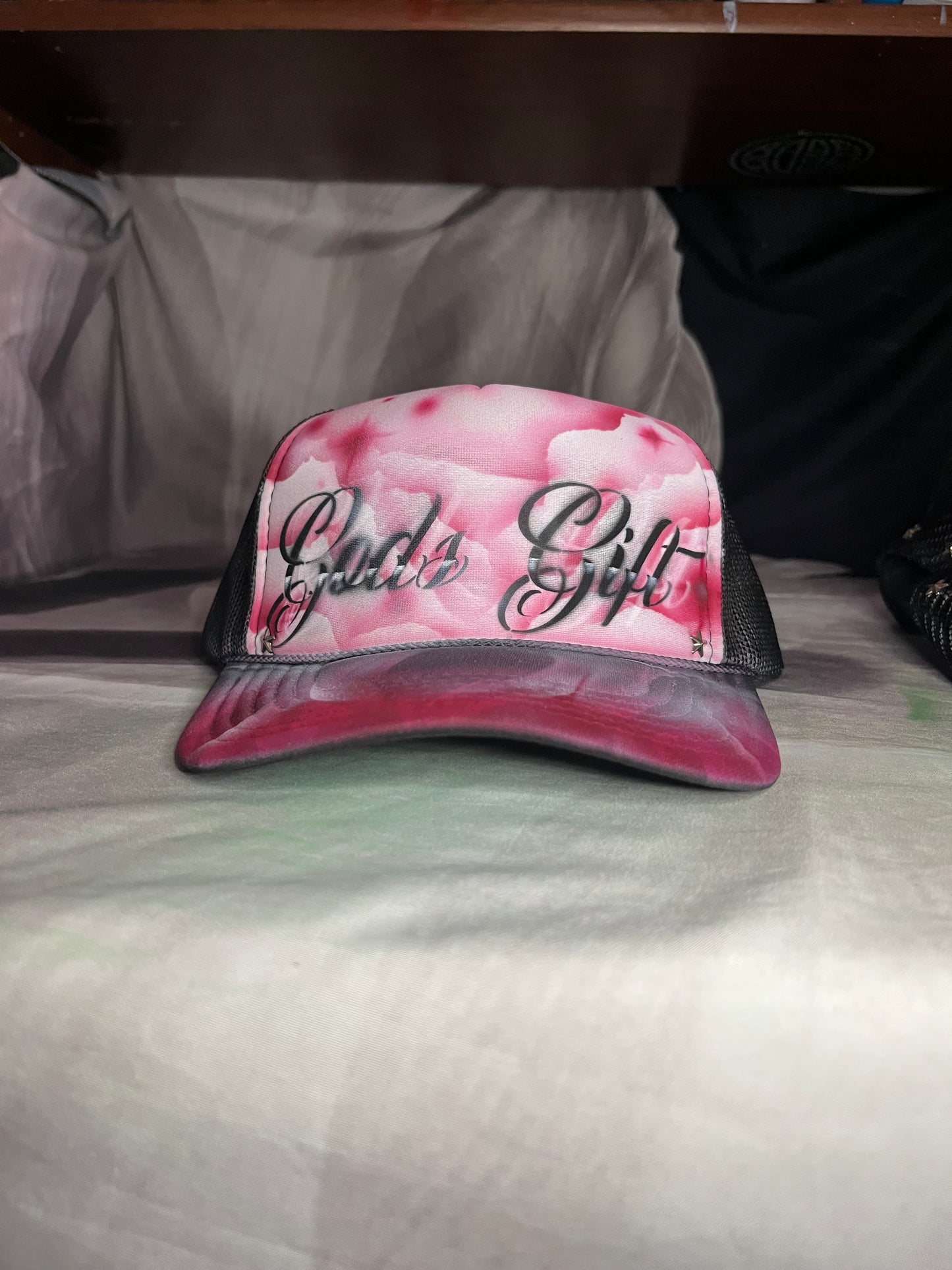 Red “Gods Gift” Airbrushed 5 panel SnapBack Trucker Hat