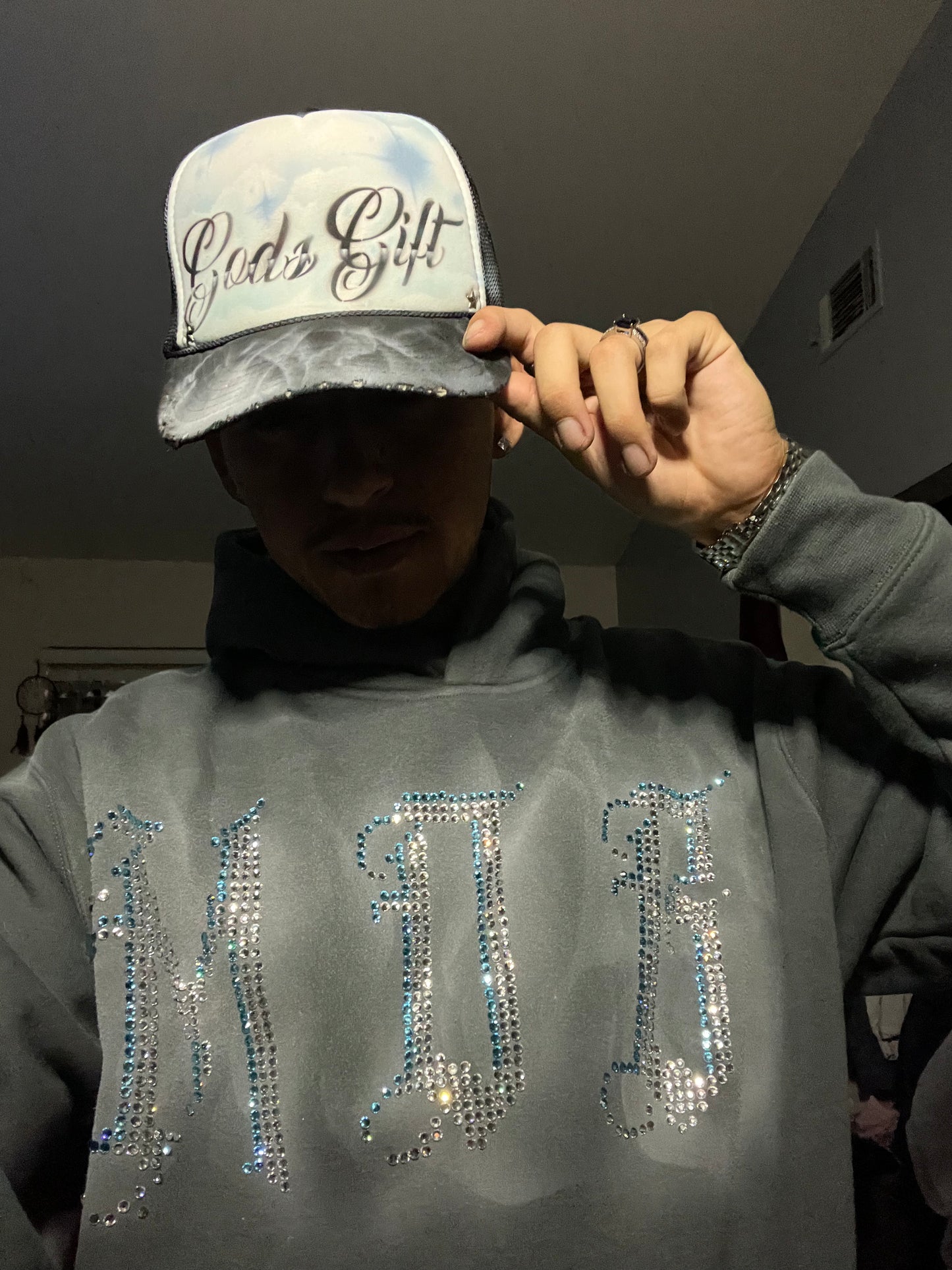 Sky Blue “Gods Gift”Airbrushed 5 panel SnapBack Trucker Hat