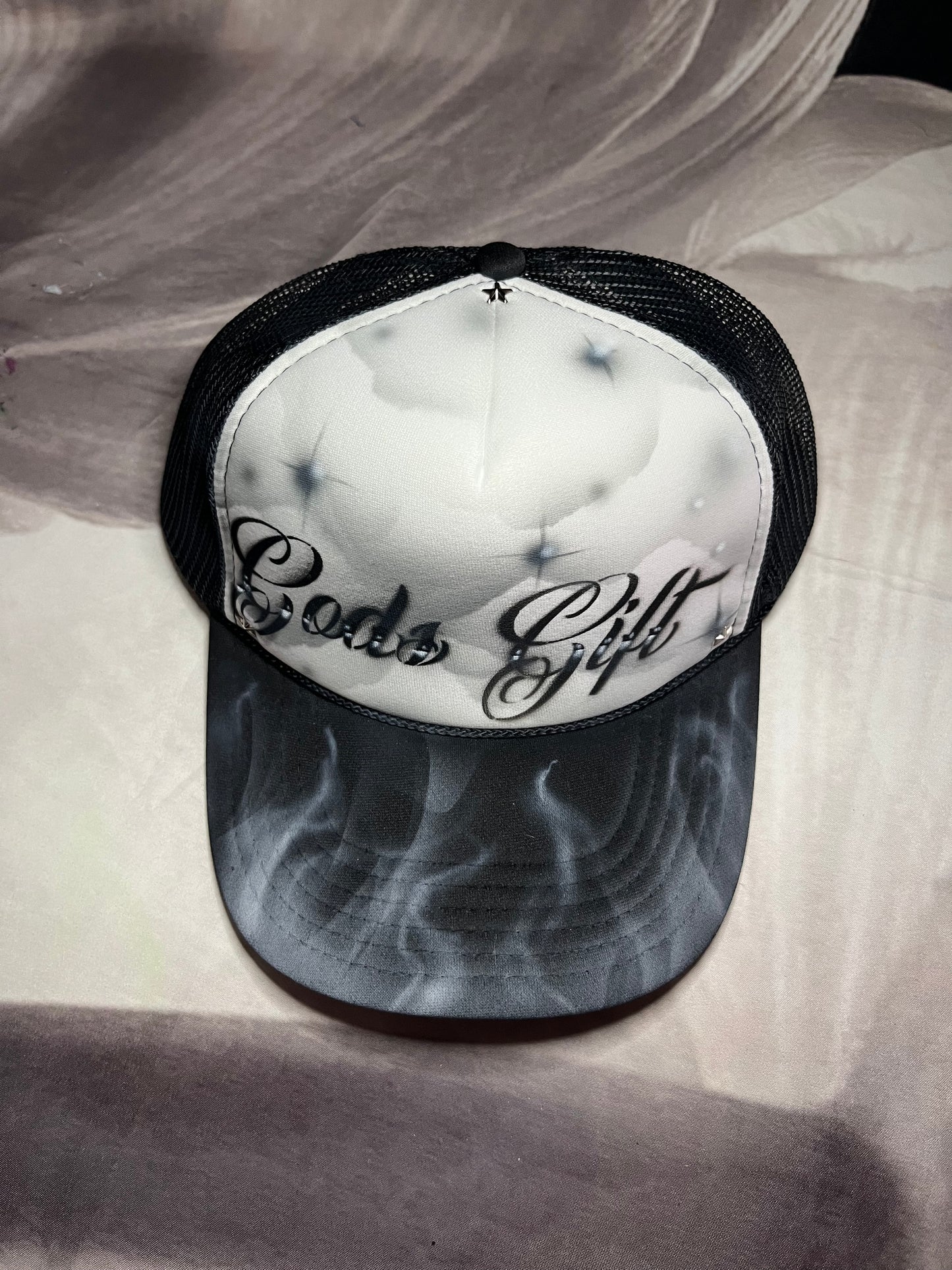 Smokey Grey “Gods Gift” Airbrushed 5 panel SnapBack Trucker Hat