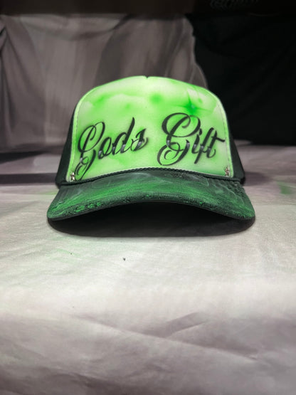Neon Green “Gods Gift” Airbrushed 5 panel SnapBack Trucker Hat