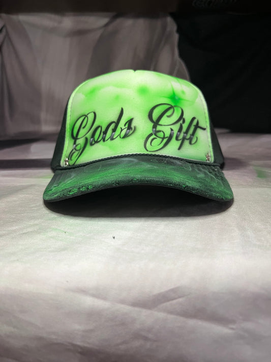 Neon Green “Gods Gift” Airbrushed 5 panel SnapBack Trucker Hat