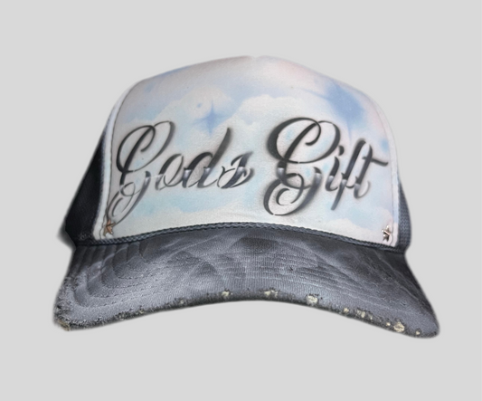 Sky Blue “Gods Gift”Airbrushed 5 panel SnapBack Trucker Hat