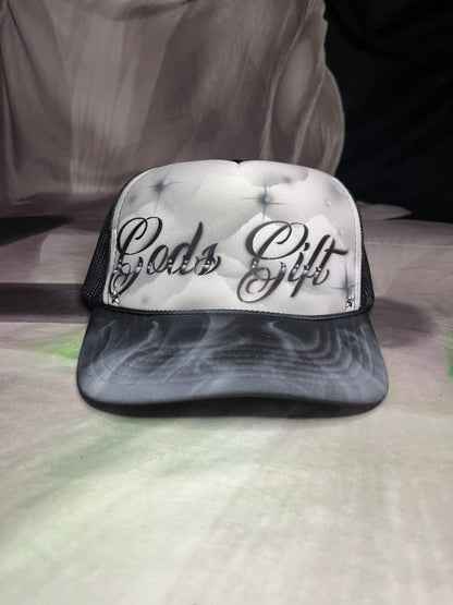 Smokey Grey “Gods Gift” Airbrushed 5 panel SnapBack Trucker Hat