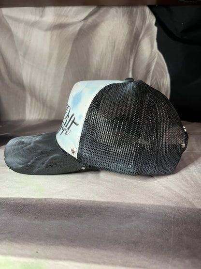 Sky Blue “Gods Gift”Airbrushed 5 panel SnapBack Trucker Hat
