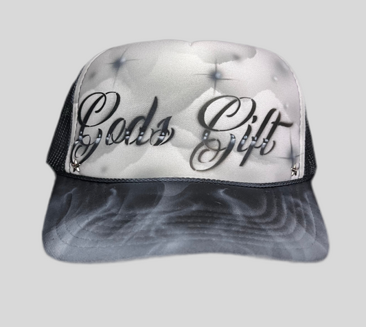 Smokey Grey “Gods Gift” Airbrushed 5 panel SnapBack Trucker Hat