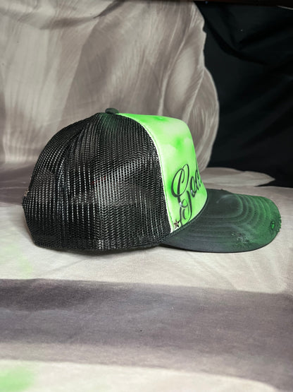 Neon Green “Gods Gift” Airbrushed 5 panel SnapBack Trucker Hat
