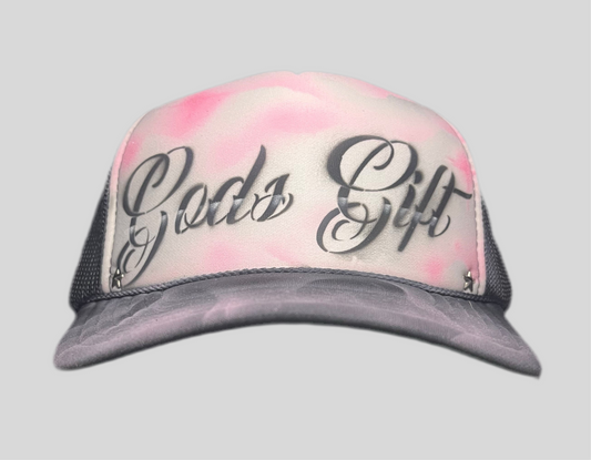 Pink “Gods Gift” Airbrushed 5 panel SnapBack Trucker Hat